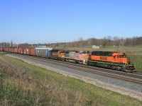 CN 394 was usually a sure thing for foreign powers it originated in Galesburg IL on the BNSF - today a BNSF SD40/BNSF(ATSF)B40/BNSF(ATSF)SD40 lead the head end cut of hi-cubes from Ford Talbotville - for set off at Aldershot