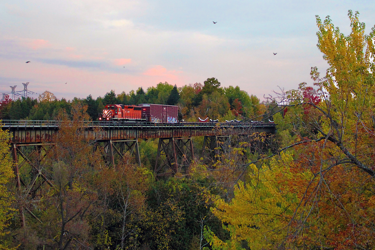 During my wait in vain for CP 142 to show up, CP tried to sneak an empty dimensional past me. I was all eyes and ears though. Here, what I believe is CP 2-240 heads west through Cherrywood just before nightfall. Power is a single 'action red' SD40-2, and about 50-60 dimensional empties. Going upgrade, it was in full throttle maintaining track speed across the trestle. The combination of a vintage EMD bronze bell with a roaring EMD 645 prime mower was a treat. With the fall colours almost completely set in, I'm glad I had something to show for it. While seeing 142 with it's CSX leader would have been phenomenal, CP is CP, and this was pretty nice.