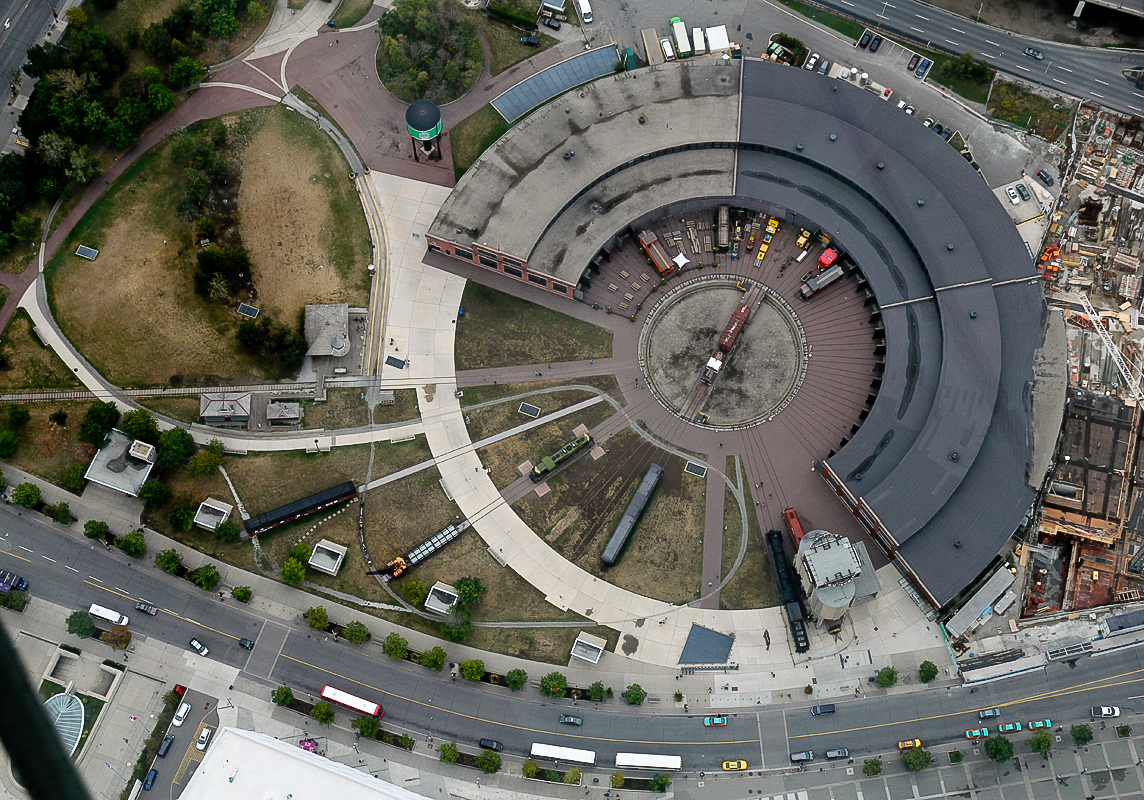 Rondhouse Park from 346m.  Featuring the John Street Roundhouse built by CP 1929-31.  Amongst other exhibits you are looking down on MLW 4-8-4 CN6213; ALCO S2 CP7020; GMD GP7 CN4803 and CLC/Whitcomb 50T #1