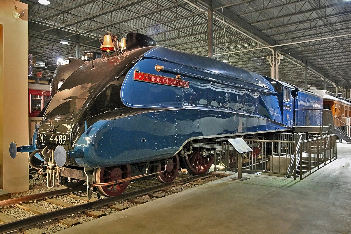 Recently returned from the U.K. and cosmetically restored for the "Great Gathering" is Gresley A4 Class pacific 4489 "Dominion of Canada" now proudly displayed in the Angus Pavilion.