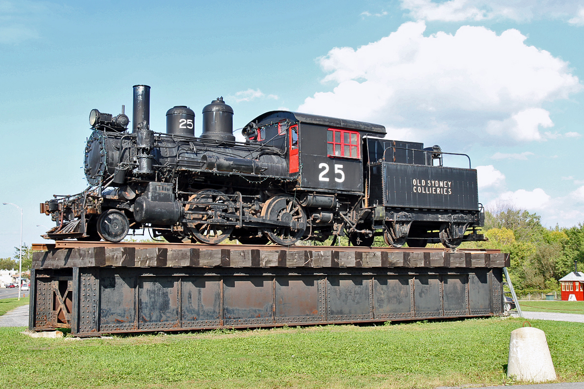 Baldwin 2-4-0 built in 1900 as a 2-4-0T, ex Dominion Steel & Coal Corp, Old Sydney Collieries and Nova Scotia Steel & Coal sits as "Gate Guardian" at Exporail