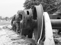 Beside the station, a pair of trucks sit on what was the Newton Subdivision in Palmerston. These trucks belonged to a caboose - whose body was undergoing restoration in 2011, and has been completed since then. Beyond the trucks is what used to be the old rail yard. 