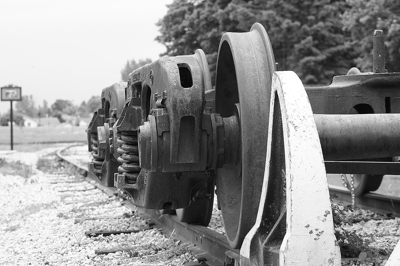 Beside the station, a pair of trucks sit on what was the Newton Subdivision in Palmerston. These trucks belonged to a caboose - whose body was undergoing restoration in 2011, and has been completed since then. Beyond the trucks is what used to be the old rail yard.