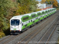 <b>The latest addition to the GO fleet - New Cab Car 304</b> on a train put together exclusively in new 'metrolinx' paint, obviously for  a photo op somewhere - Thanks Metrolinx! Looking good. We don't mind if you keep this together a while :) Engine on the train was GO 664 shoving to the rear. Next stop: Burlington GO.<br><br>Thanks to Michael Delic for the heads up on this one! <br><br>P.S -<b> Metrolinx</b> - what are the chances you can have one painted in the old scheme <a href=http://www.railwaygazette.com/news/passenger/single-view/view/updated-bilevel-coaches-ordered-for-go-transit.html target=_blank>http://www.railwaygazette.com/news/passenger/single-view/view/more-bilevels-ordered-for-go-transit.html</a> <br><br><b>Hi Reddit</b> Yes, it's me! Thanks for viewing. Be sure to bookmark us for when you are bored - lots of great stuff on here. <a href=http://www.railpictures.ca>Click here for our homepage</a> and check out our best pages <a href=http://www.railpictures.ca/top-images>'top shots of all time'</a> and <a href=http://www.railpictures.ca/fantastic>'fantastic - editors choice'</a> you won't be dissapointed.