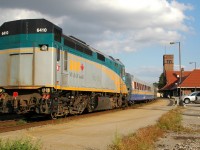 #76 (6426 and three LRC coaches) arriving for it's stop at Brantford with VIA 6410 bringing up the rear