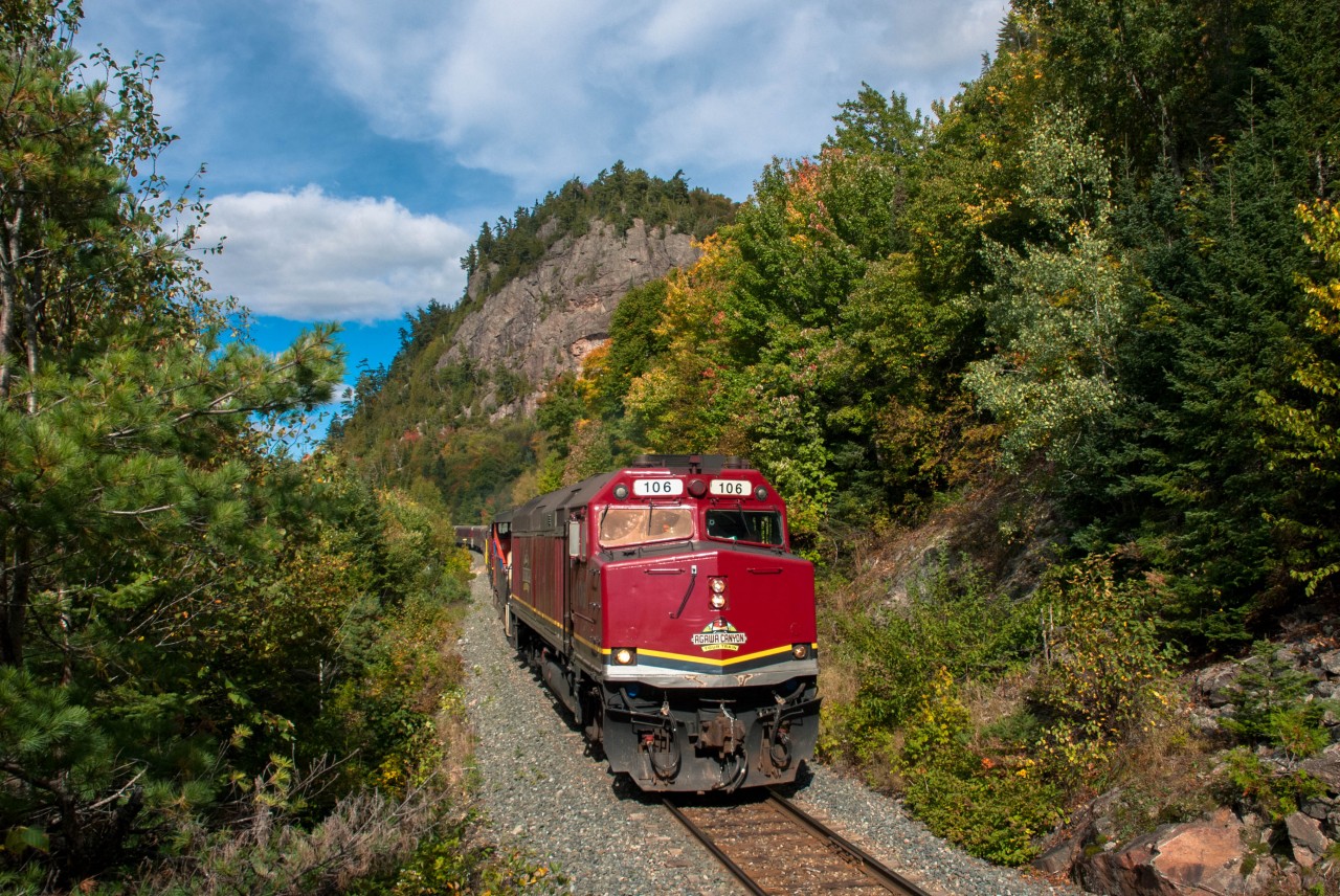 Agawa Canyon Tour train heading southbound at Mile 111.
Riding the train is a fall favourite.
Mine is paddling down the Agawa river enjoying the canyon and the visual eye candy it offers.
My son and I were hiking the hills in the area and we picked this spot to wait for the train.