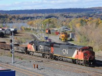 The view from Hamilton's Bay Street Bridge over CN/RailLink Stuart Street yard toward the High Level Bridge is a favorite of mine, in this case enhanced by the remaining autumn colours. Like me, many of you would have preferred BCOL 4615 in red, white and blue - though some of them need fresh paint. At 2:36PM on October 30 2015, Train 567 has completed its work at Hamilton Yard and awaits clearance for its return to the Grimsby sub. In the previous hour, the light engines had climbed the hill to Hamilton Junction and turned on the wye, keeping BCOL 4615 in the lead. From the radio, it sounded like they next backed into Aldershot yard to lift cars there before returning to Hamilton. Note the double set of ditch lights on 4615. <br> <br>
Southern Ontario Railway unit RLHH 3049, ex-CN GP40-2W, is at rest, somewhat fogged by 4615's exhaust. On this day SOR 4003 was working the yard. <br><br>
Construction at the new Hamilton West Waterfront GO station and between Hamilton Jct and Bayview Jct has been providing radio warning of train movements in the area, but also some lengthy periods with no trains. 
