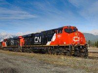 Non Tier-4 compliant (restricted to Canada and assigned to Prince George as a result) CN ES44ACs 2951 and 2969 idle on the shop track in Jasper. Later in the evening, they'd head out to Dalehurst to fetch a set of coal empties from storage at the Obed Mine loadout track.