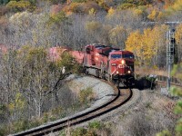 CP 9732 and 8849 lead their long heavy train at a safe speed downgrade on the Hamilton sub, as they approach the CTC section.  The first steel coil cars are on the bridge over Highway 403.  There is a big "S" curve here, with more of the train visible through the trees, above the CN Dundas Sub signal to the right.  <br><br>
From observation and my scanner, it is apparent that operating trains this long and heavy on the Hamilton sub has some operational complications.  Speeds must be kept low to maintain control downhill, while helpers are needed to get some of the longest heaviest trains up to the top of the Niagara escarpment.   The requirement not to block grade crossings near Kinnear yard too long can be an issue.  <br><br>
For CP trains, and the TH&B before, the preferred route between Hamilton and Toronto used to be over the CN Oakville sub, using the Canpa Connection in Etobicoke.  This route is significantly shorter and faster, and avoids ascending and descending the Niagara escarpment.  Presumably more GO train traffic and CN usage charges and restrictions have seriously discouraged the routing of CP trains via the CN Oakville sub in the years since the TH&B's long term arrangement expired.