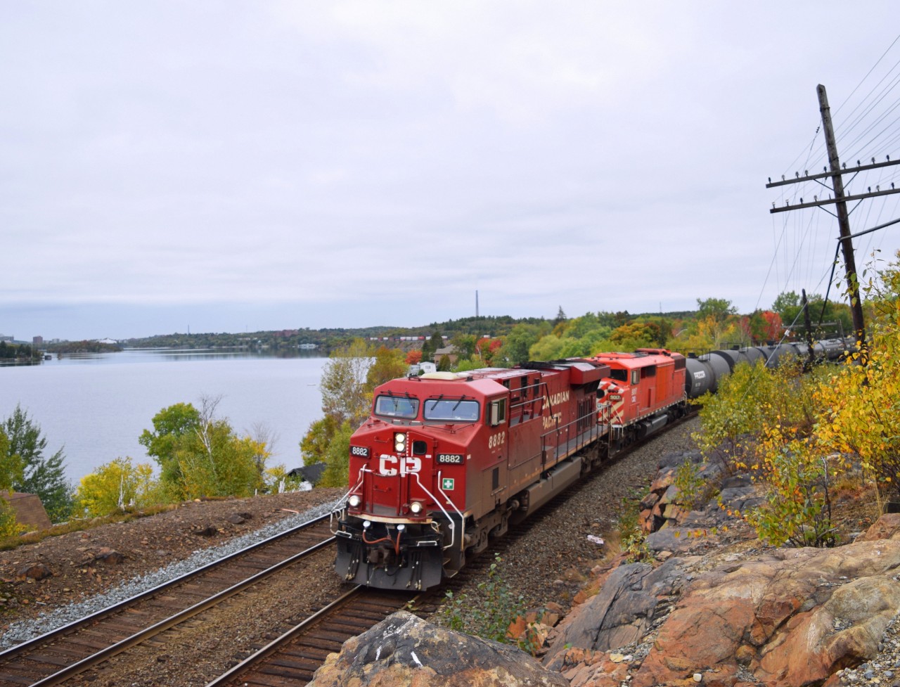 Another ex CP red barn makes it's way eastward to it's new home in Quebec. CP 8882 and CMQ 9017 lead a long 112 in Sudbury, Ontario.
