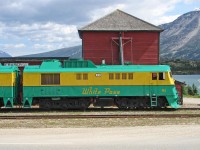 GE shovelnose unit WPY 91 (with WPY 97 behind) is coupled onto its train at Fraser BC for the trip south to Skagway.  A high percentage of WPY passengers are tourists on day trips from cruise ships that spend one day in Skagway. Those that make the journey to or from Fraser generally travel one direction by tour bus. 
