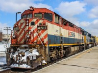 The daily Montreal-Chicago Intermodal train comes through Oshawa VIA station, back in March 2015, with a BC Rail Dash 8, and a pair of CSX units. 

BCOL 4611, CSX 3172, CSX 8406