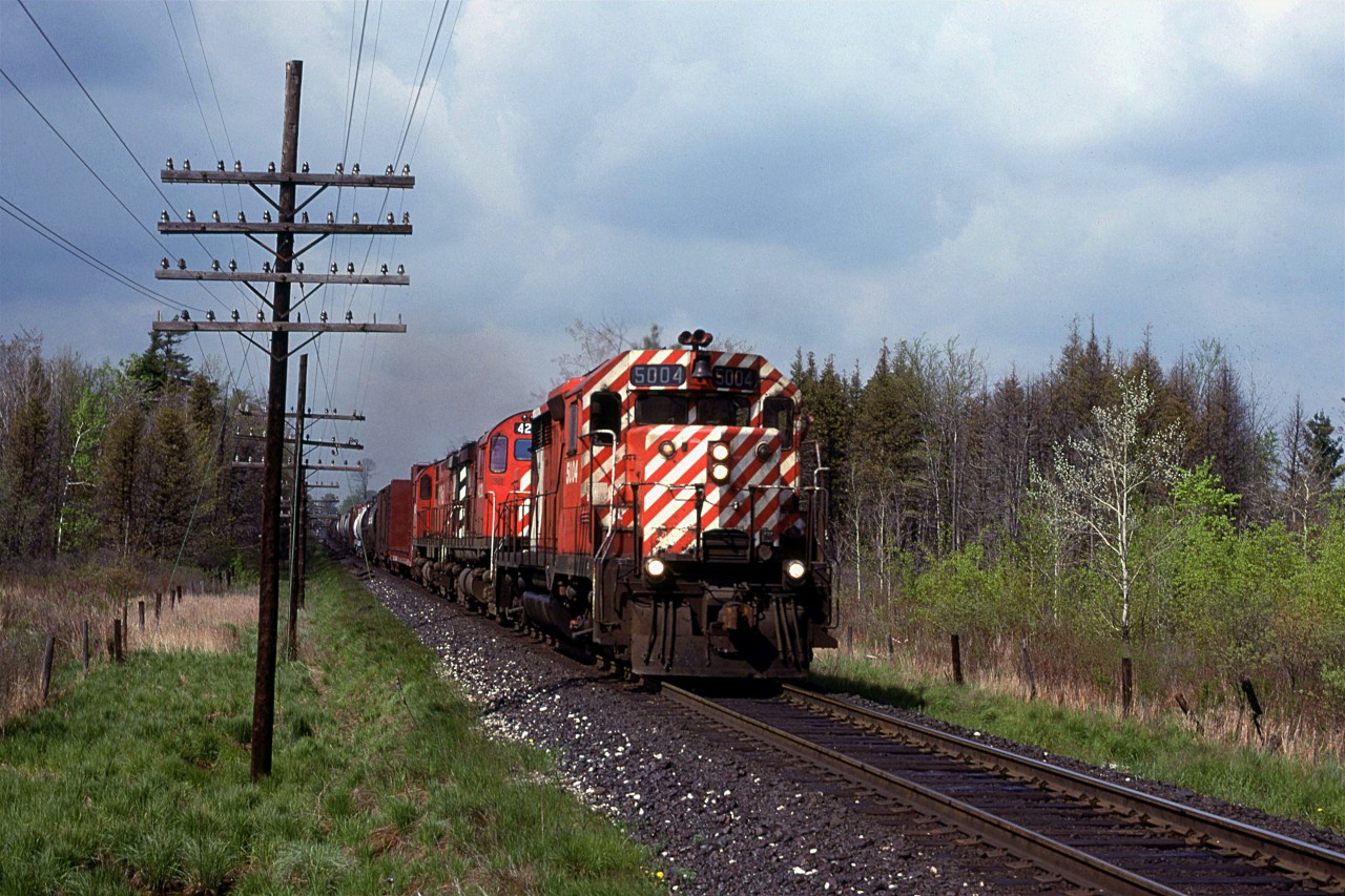 My brother and I biked down to Ayr from our home in NW Waterloo to watch the CPR. We spend virtually the entire day trackside and this is the second of two trains that we saw. The sun cooperated for me however.
It is westbound at Cedar Creek Road.
I would rather have a MLW unit leading but a full-faced-narrow-striped SD-40 has its charms.
We would continue our circuit into Galt where we would encounter some foul weather. It would be well after sunset by the time we would arrive home.