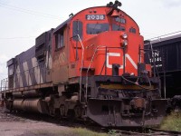 2038 sits on one of the roundhouse tracks. The roundhouse is to the left and the turntable may been see in the left of the photo.