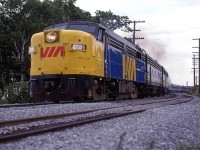 VIA's westbound "Ocean" has just left Rockingham and rounded Sherwood Point with what looks like a freshly painted FPA-4 leading. Just ahead is Birch Cove.
The new bridge over the harbour (MacKay Bridge) can be seen in the background