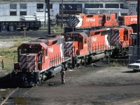 A view from Blackfoot Trail bridge of the serviced engines at Alyth shops.
