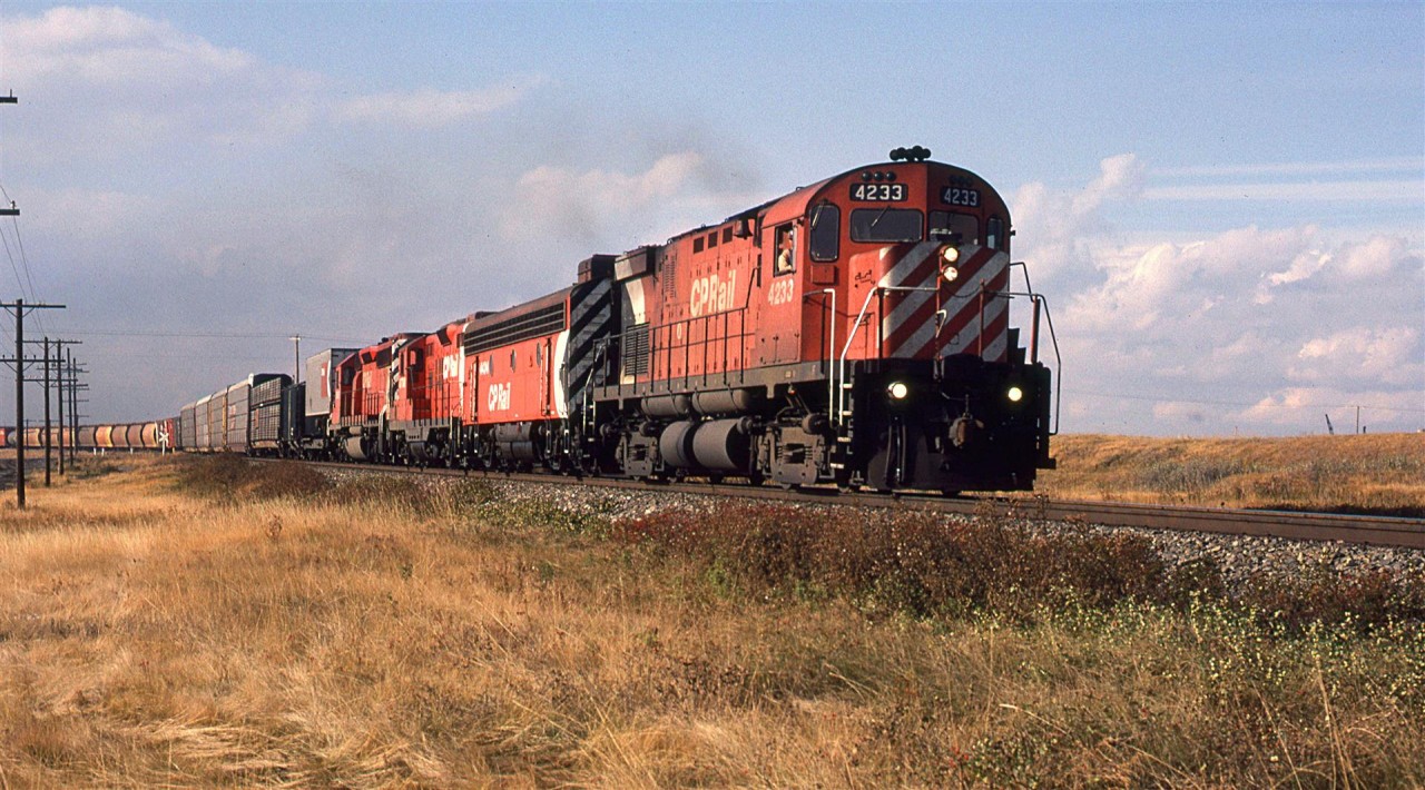 This is probably the most interesting consist that I ever caught on the CP. I would not spend nearly enough time on the east side of Calgary where such occurrences would be much more likely. These locomotives would be turned and sent back east any time they made it this far west. SD-40's (and a few GP's) ruled beyond Calgary.
I guess that this area is not a container terminal. Cross-bucks in the distance are for a very rural 52 St SE crossing.