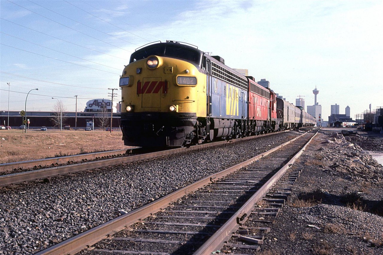In another unique view, by my standards, VIA's westbound "Canadian" is led by a mixture of first generation locomotives in VIA and CP paint.