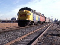 In another unique view, by my standards, VIA's westbound "Canadian" is led by a mixture of first generation locomotives in VIA and CP paint.