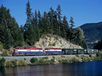 BR Rail southbound freight passing the small lake just south of Whistler, BC on a hot but clear day in August 1998