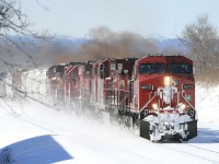 The day after a snow storm moved across Southern Ontario on the first weekend of March break 2008 ....CP slung togther 6 units to get this train over the CN Oakville Sub to Canpa