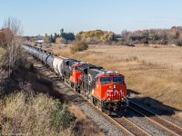 On a beautiful Fall day, a shiny brand new Tier 4 GEVO leads an Eastbound freight out of Toronto, through Newtonville, on its way to Rivieres des Prairies Quebec. (12:10pm)

CN 3020, CN 2928, DPU CN 2832