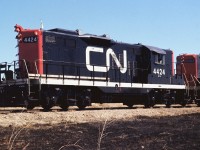 Judging by the clean look, it appears that the late Del Rosamond found a couple of GP9s sporting the new CN logo.  Circa 1960 / 1961. 
<br />
<br /> 
This image comes from a 35mm slide – not Mr. Rosamond’s standard format.  (Approximately 55 years later, this is the first occasion for this photograph to be presented.)
