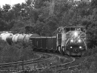Led by BC Rail 4620, this westbound CN freight is fast approaching the Hardy Road crossing in Brantford. 