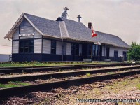 The restored Grand Trunk station in Caledonia. This station was built around 1915, and was in danger of being demolished 80 years later. The owner of Clark Agriculture came forward and bought the station and the land for $1.00 from CN. Volunteers donated their time and started restoring the interior (I had the privilege of repainting the name signs), local businesses chipped in their supplies, and eventually the insul-brick was torn off of the exterior and restored to wha it would have looked like in it's Grand Trunk days. <br>
While restoration continued, the old mill that stood across the station caught fire one night and burned to the ground. Thankfully all embers were extinguished, and only heavy smoke blew towards the station's direction. <br>
Today, the station houses a small museum (including the original signal) and the Chamber of Commerce. For a photo by rp.ca user John Eull - which shows the station in railway use (note the insul-brick exterior) and the signal pole still standing - although the signal was removed, click here: <a href="http://www.railpictures.ca/wp-content/uploads/2012/08/CN453718March1978387.jpg">http://www.railpictures.ca/wp-content/uploads/2012/08/CN453718March1978387.jpg </a>