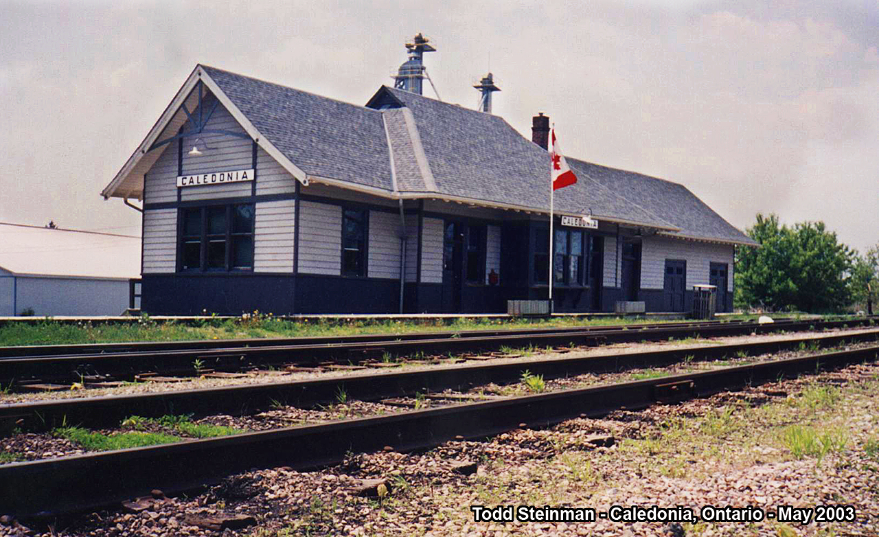 The restored Grand Trunk station in Caledonia. This station was built around 1915, and was in danger of being demolished 80 years later. The owner of Clark Agriculture came forward and bought the station and the land for $1.00 from CN. Volunteers donated their time and started restoring the interior (I had the privilege of repainting the name signs), local businesses chipped in their supplies, and eventually the insul-brick was torn off of the exterior and restored to wha it would have looked like in it's Grand Trunk days. 
While restoration continued, the old mill that stood across the station caught fire one night and burned to the ground. Thankfully all embers were extinguished, and only heavy smoke blew towards the station's direction. 
Today, the station houses a small museum (including the original signal) and the Chamber of Commerce. For a photo by rp.ca user John Eull - which shows the station in railway use (note the insul-brick exterior) and the signal pole still standing - although the signal was removed, click here: http://www.railpictures.ca/wp-content/uploads/2012/08/CN453718March1978387.jpg