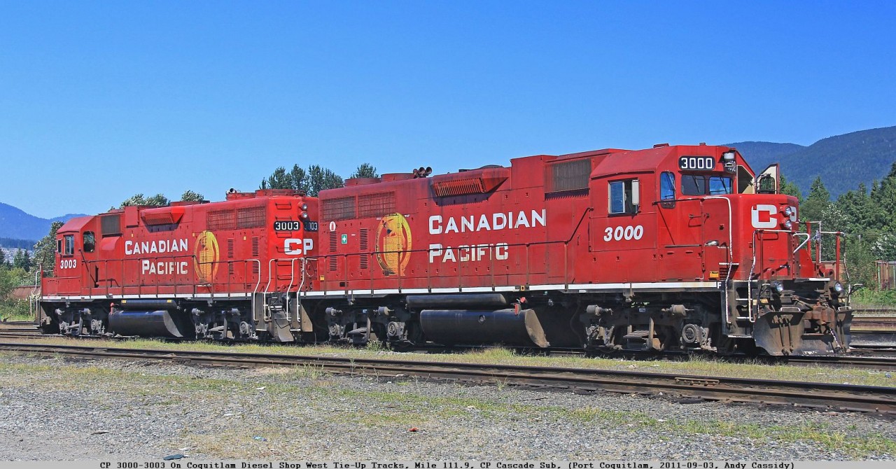 First rail shot taken with the new Canon 60D back in 2011. CP 3000-3003 Road Switcher sitting idle on the Coquitlam Diesel Shop dispatch tracks.