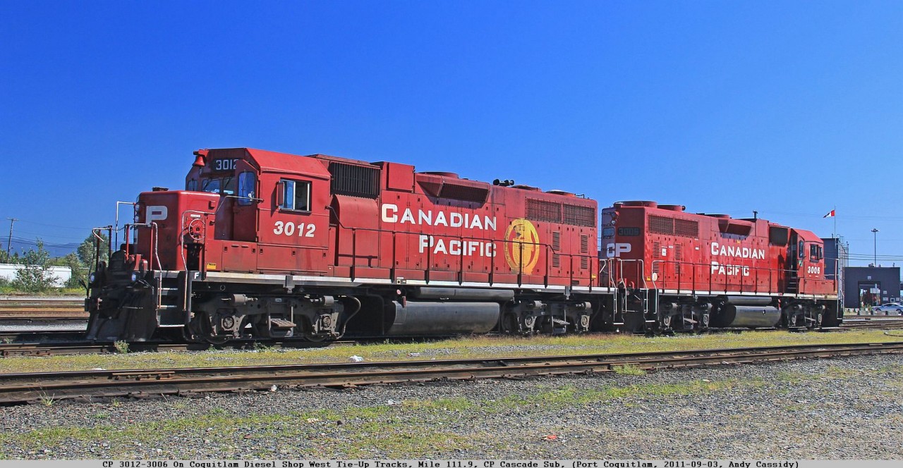 My second rail shot taken with the new Canon 60D. Still getting use to working the thing at the time. CP 3012-3006 sitting idle on the Coquitlam Diesel Shop dispatch tracks.