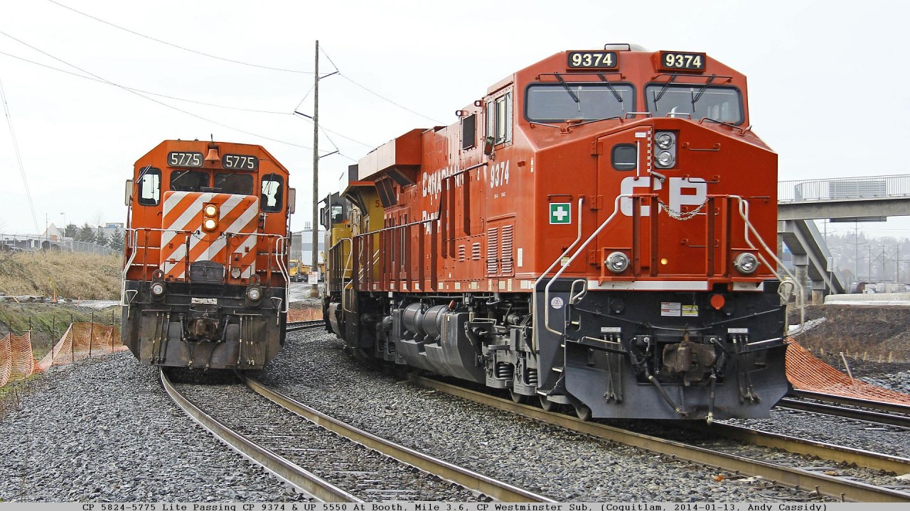 CP 5824-5775 West Lite Passing CP 9374 & UP 5550 Idle At Booth, Mile 3.6, CP Westminster Sub