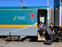 <b>'In Flanders fields the poppies blow'.</b> Tomorrow is Remembrance Day, which is the anniversary of the First World War Armistice. The symbol of Remembrance Day in Canada is the Poppy, commemorated in John McCrae's poem 'In Flanders Fields'. This year VIA Rail has put a poppy on all of there business cars, as here on this VIA 1 car which is stopped at Dorval.