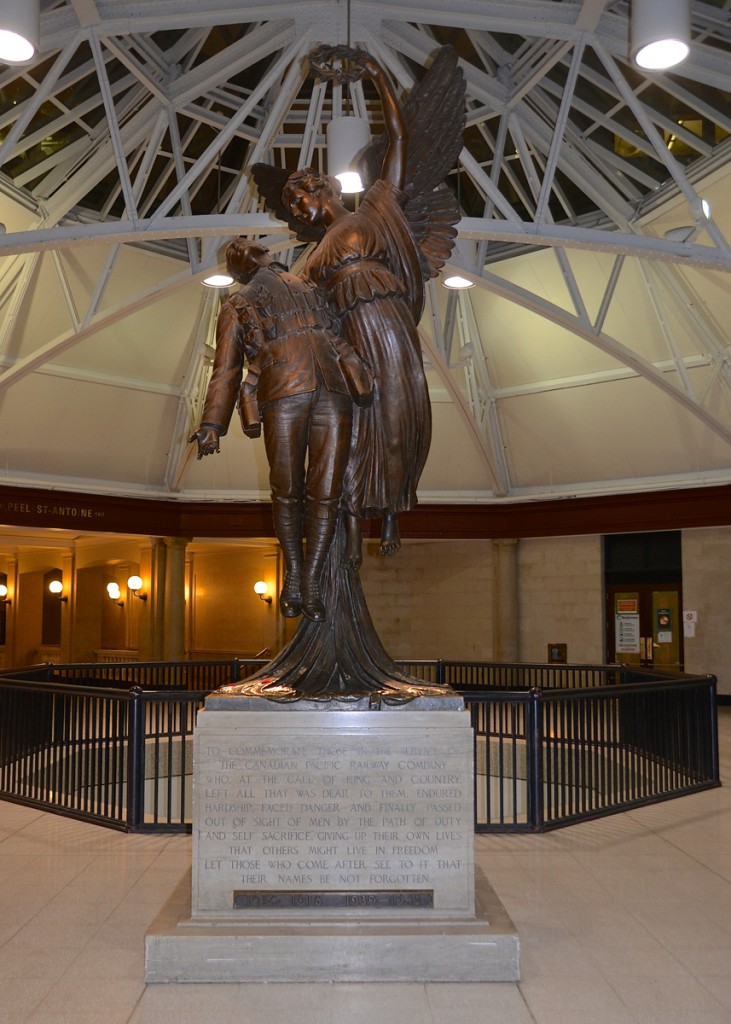 "To commemorate those in the service of the Canadian Pacific Railway Company who, at the call of King and Country, left all that was dear to them, endured hardship, faced danger and finally passed out of sight of men by the path of duty and self sacrifice, giving up their own lives that others might live in freedom. Let those who come after see to it that their names be not forgotten."