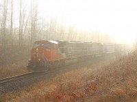 An unusual sight comes out of the fog, no GE power. CN 5777 (GMD-SD 75i) and Illinois Central 1015 (GMD 70) slowly work their way up the hill past MM30 of the Halton Sub. This was good timing, as the fog was lifting quickly and the sun was shining bright just 10 minutes later.