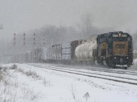 CN 394 had a surprise this day - 2 CSx ex Conrail units  - not the usual BNSF power; eastbound during a late Feb 2007 snowstorm at Snake.