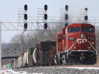 CP 8839 was somewhat new when this photo was taken and looks to be completely in charge here as it eases CP 255 out onto CN track for the short trip to Canpa. 