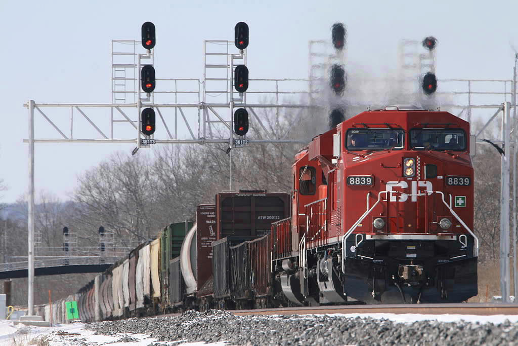 CP 8839 was somewhat new when this photo was taken and looks to be completely in charge here as it eases CP 255 out onto CN track for the short trip to Canpa.