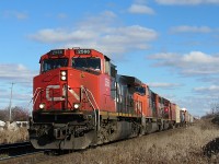 Right after GEXR 431 (which Alex Sanders previously submitted) comes CN A435. 435 was pretty much on time and had 500 axles according to the mile 22 hotbox detector. A veteran locomotive is trailing in third. Can you spot it? There it is, CN 5281 which is an SD40-2W. There's an SD75I in the middle, but that's not really important. 