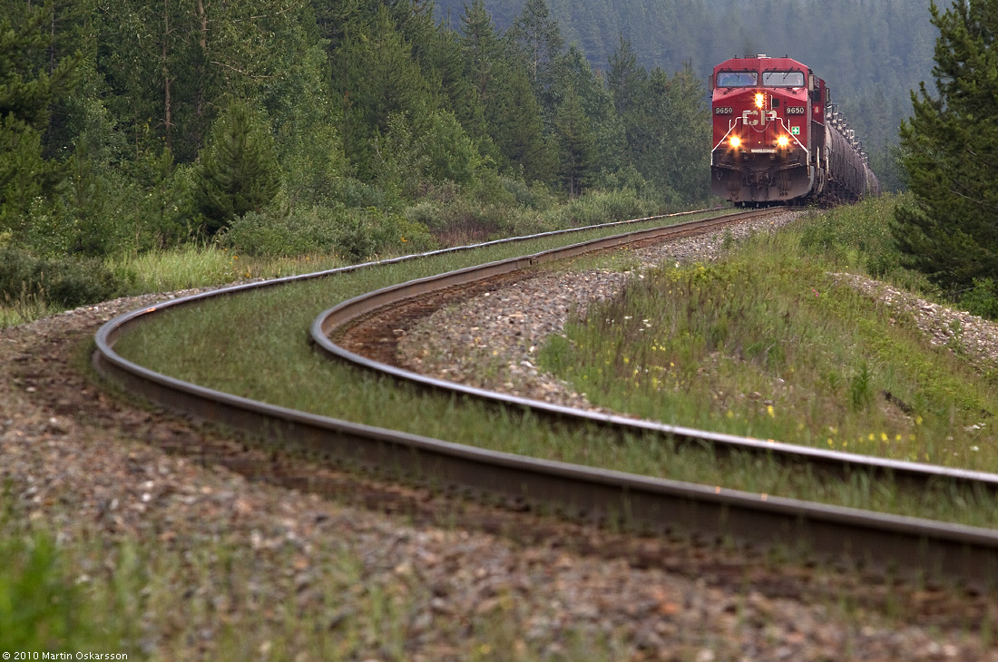 A westbound train near the summit of Kicking Horse Pass.