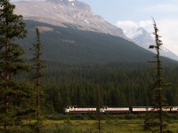 Rocky Mountaineer Railtours is eastbound at Lake Wapta in the evening of July 31st 2010.