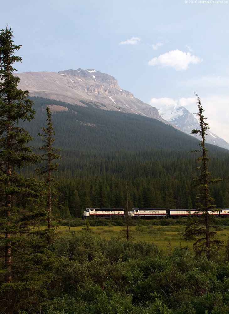 Rocky Mountaineer Railtours is eastbound at Lake Wapta in the evening of July 31st 2010.