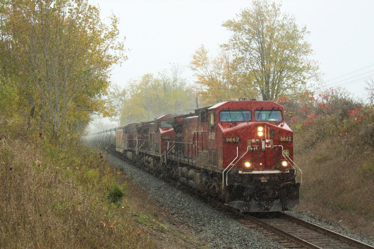It's all a matter of timing. There I am waiting for this train and the signals light up down at SR 14. I head up to my usual picture location and drizzle starts. I'm hoping this train hurries up before the rain, but NO. The sky unloads on me just as CP 9662, CP 9652 and CP 9762 roll on by with this 7800 foot ethanol train. It had a DPU unit on the rear as well, but I was heading for cover and didn't get the number!! 5 minutes later, the sun was shining.