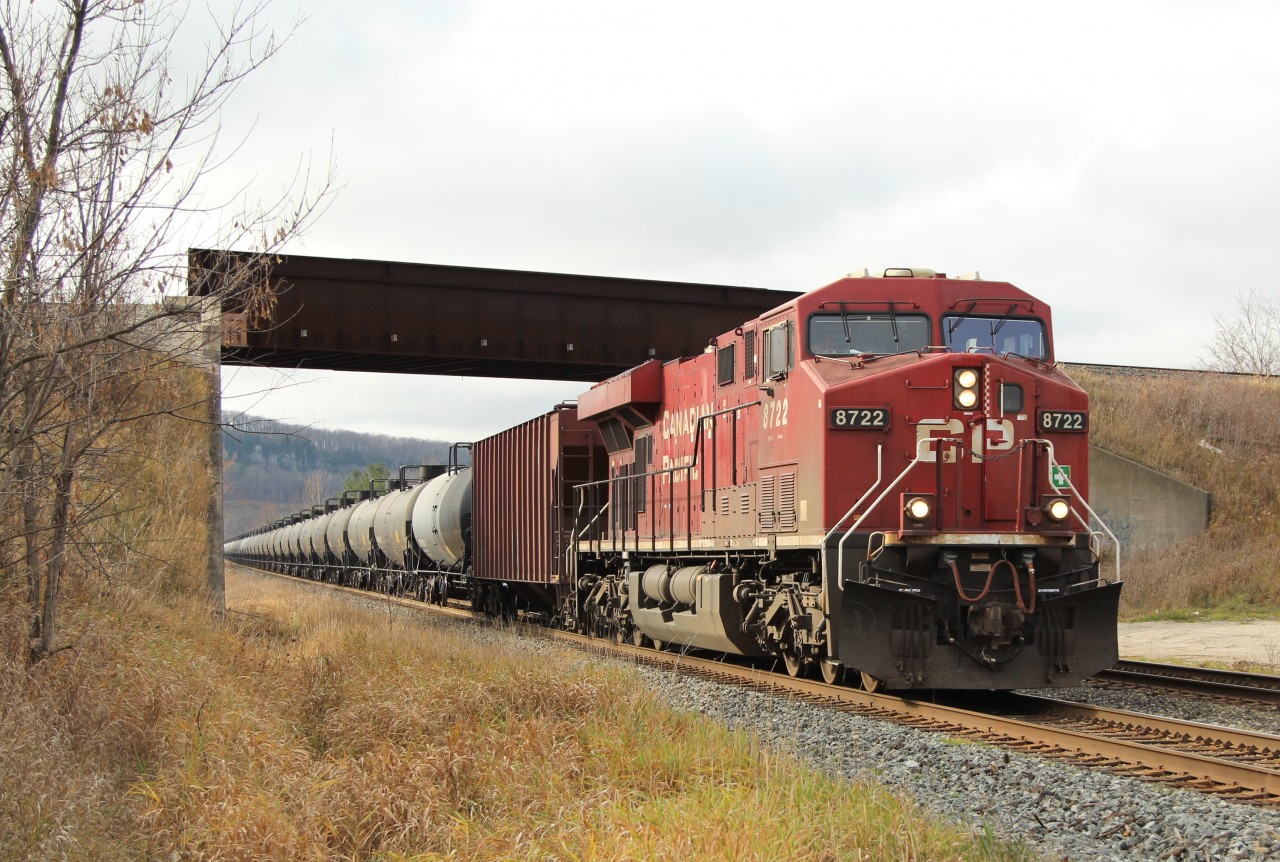 Rolling under the CN Halton sub bridge in Milton, is CP 8722 with its manifest of ethanol tankers with CEFX 1055 as the DPU. The timing was a few minutes late for me as two CN freights made their way over the bridge in the previous 10 minutes but no luck today for the over under shot.