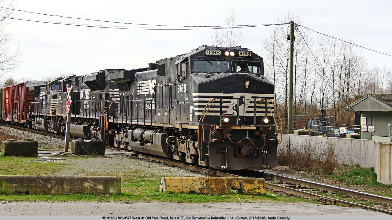 A rare NS lashup heading toward the CN Thornton Yard from the BNSF at Brownsville in Surrey. BNSF frequently sport odd mixes of units, but to get a solid set like this is less frequent.