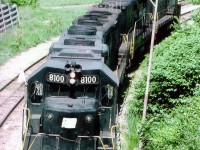 While waiting for the late afternoon TH&B "Starlite" to be put together for the run back to Toronto, I wandered over to Chatham St to see what was going on. Off the Dundurn St bridge at the wye I had a quick opportunity to catch "all" the action in one image. In the foreground is a quartet of GPs, rear one looks to be a 7 and the middle two are B units, with cabs removed. In the background is the power off the Goderich turn, also moving on the wye. That set consists of CP 8483, 8476 and 4466. Power for Starlite is PC 8100, 3800, 3819 and 5829; with the 8100 as leader when the train finally headed out near sunset .