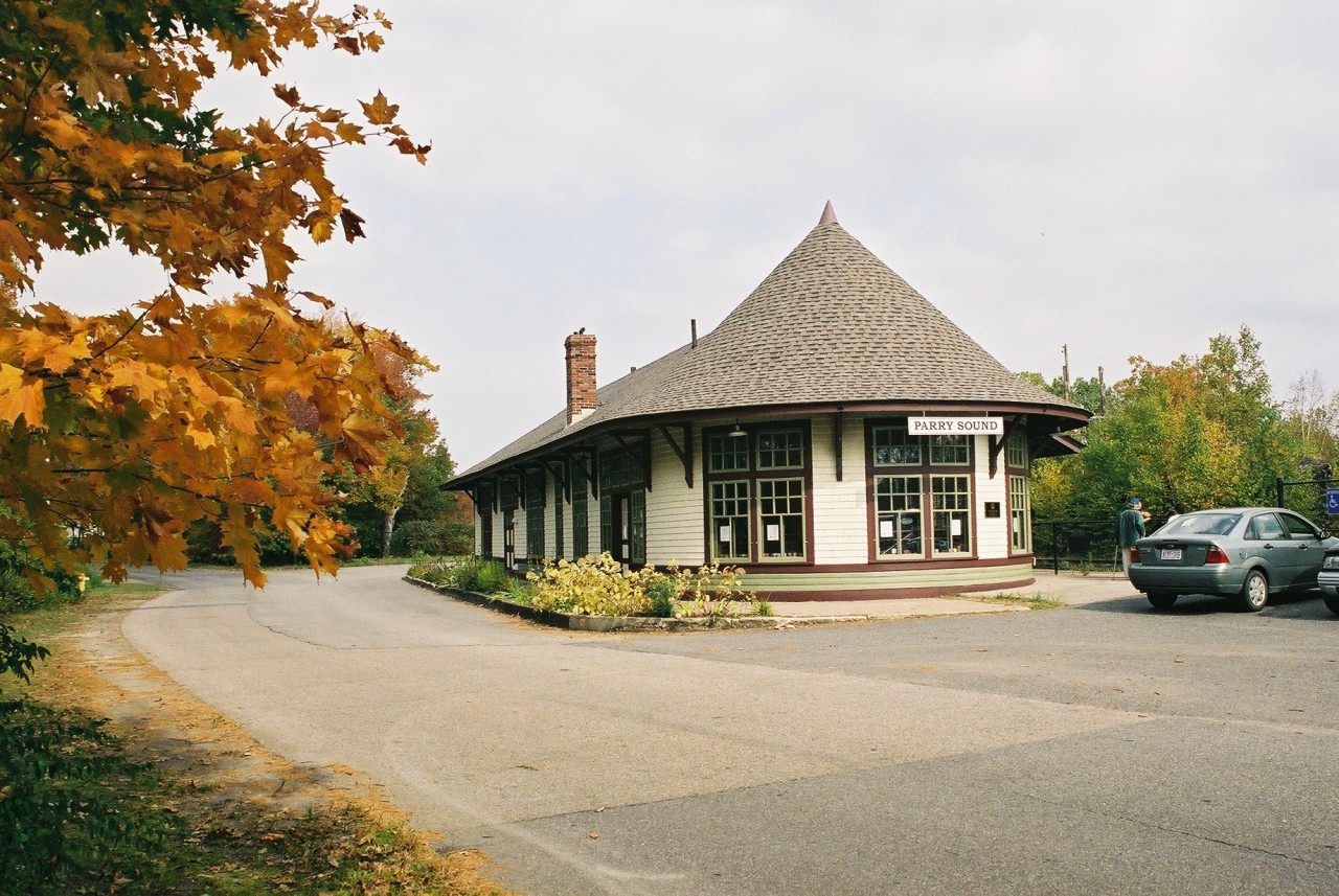 The restored CPR Parry Sound station on a sunny fall day.