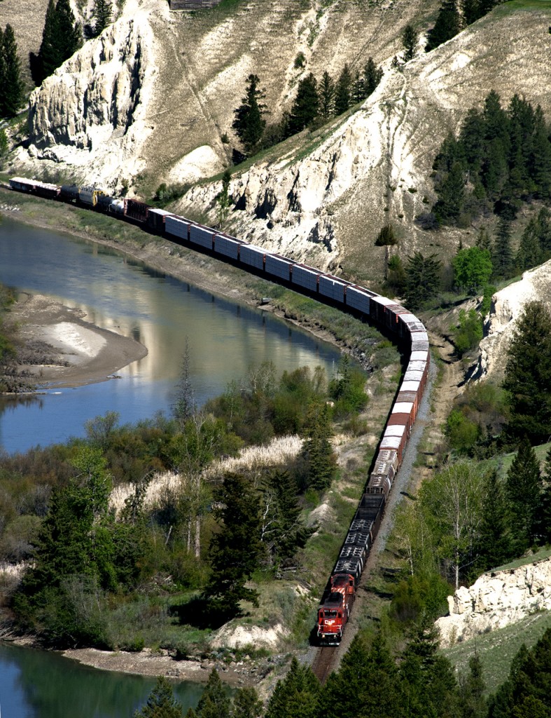 CP's Southbound Windermere Sub. wayfreight passes the bluffs of the Columbia River just south of Radium Hot Springs BC