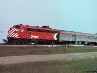 FP7A CP 4071 leads CP train 11, the Toronto section of "The Canadian", north on the Mactier sub in Vaughan. The train is running on the near  track, Elder siding, at reduced speed as it approaches the north  siding switch and signal - Train 12 had recently passed it on the  adjacent main track. <br> Train 11 will meet Train 1, the Montreal section of the westbound "Canadian", at CP Sudbury station.<br><br>